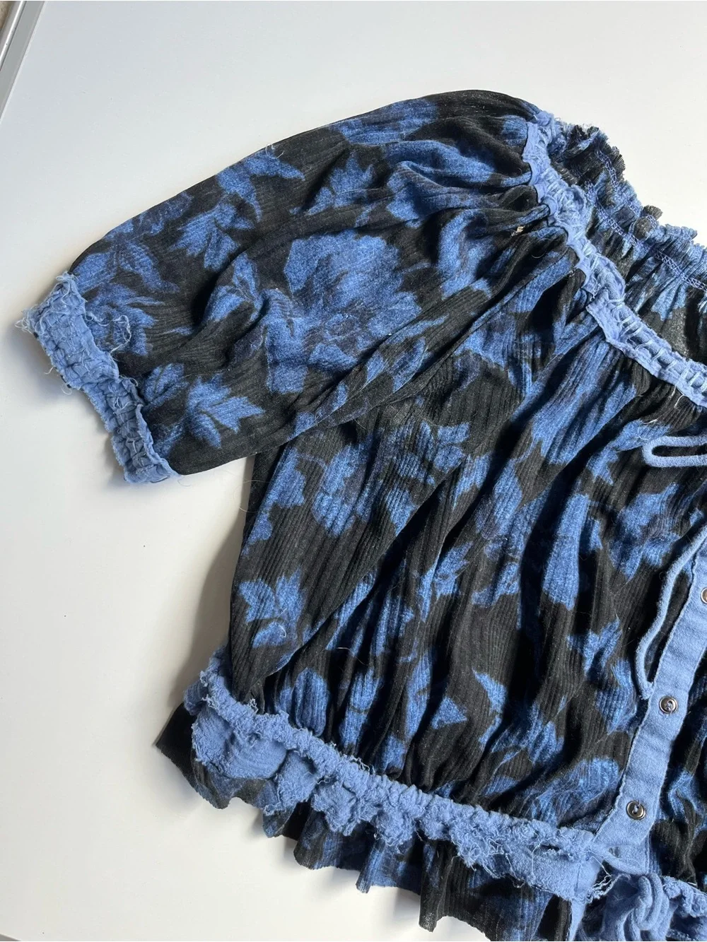 Free People perfect day Blue and Black Floral Smocked Crop Blouse